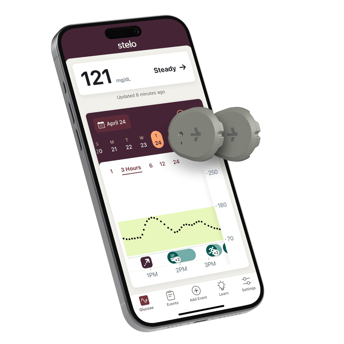Stelo biosensor app illustration shows real-time glucose tracking on mobile