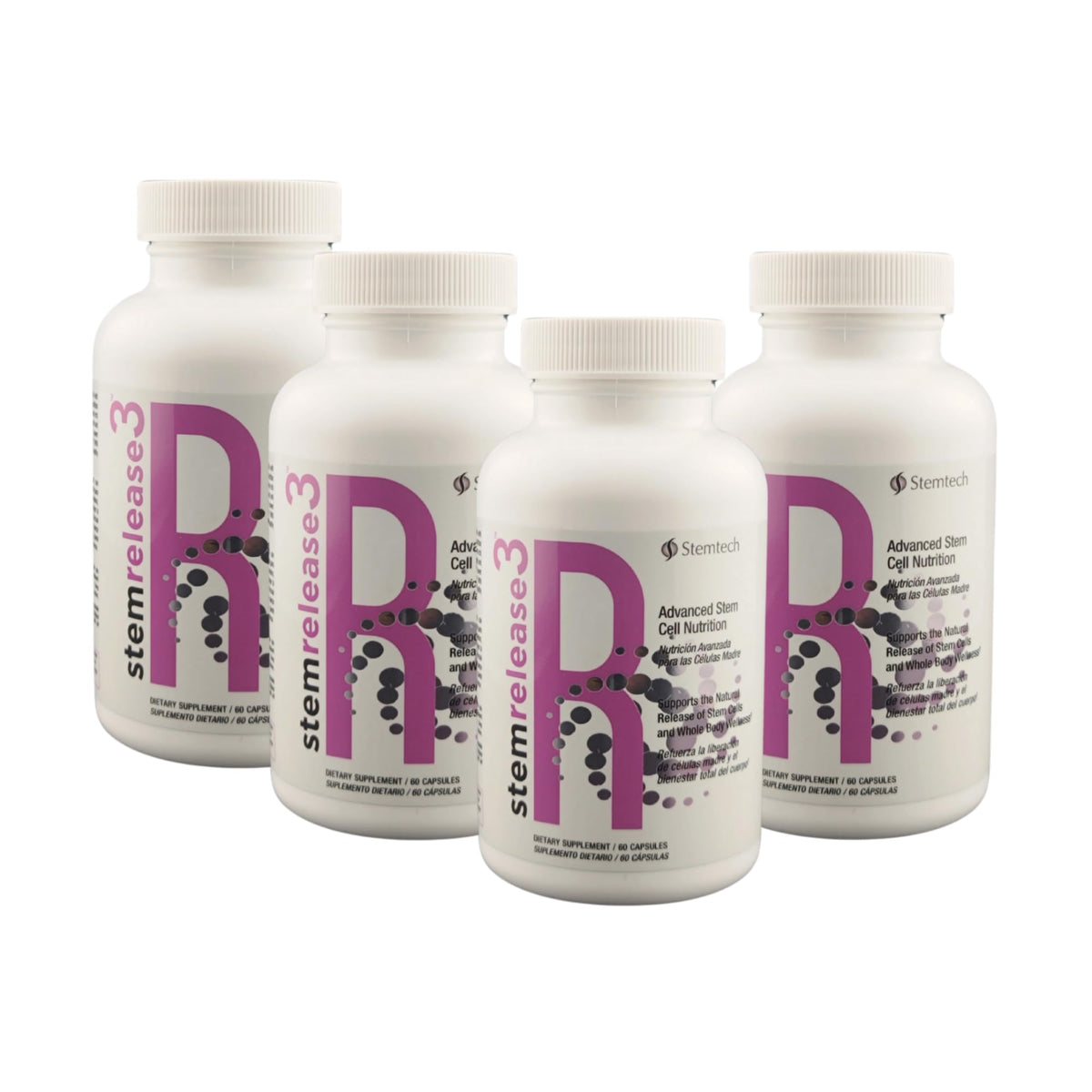 StemTech StemRelease3 bottle front emphasizing a premium renewal blend for daily vitality.