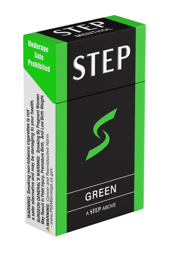 STEP Menthol Cool Green herbal cigarettes carton back, offers nicotine-free satisfaction with familiar feel.