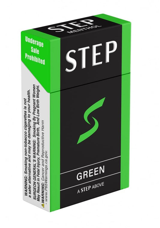 STEP Menthol Cool Green herbal cigarettes carton back, offers nicotine-free satisfaction with familiar feel.
