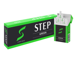 STEP Menthol Cool Green herbal cigarettes carton front, tobacco-free option with real-cigarette taste.