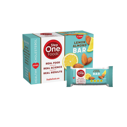 Step One Lemon Almond Bar pack closeup, a convenient heart-healthy snack option.