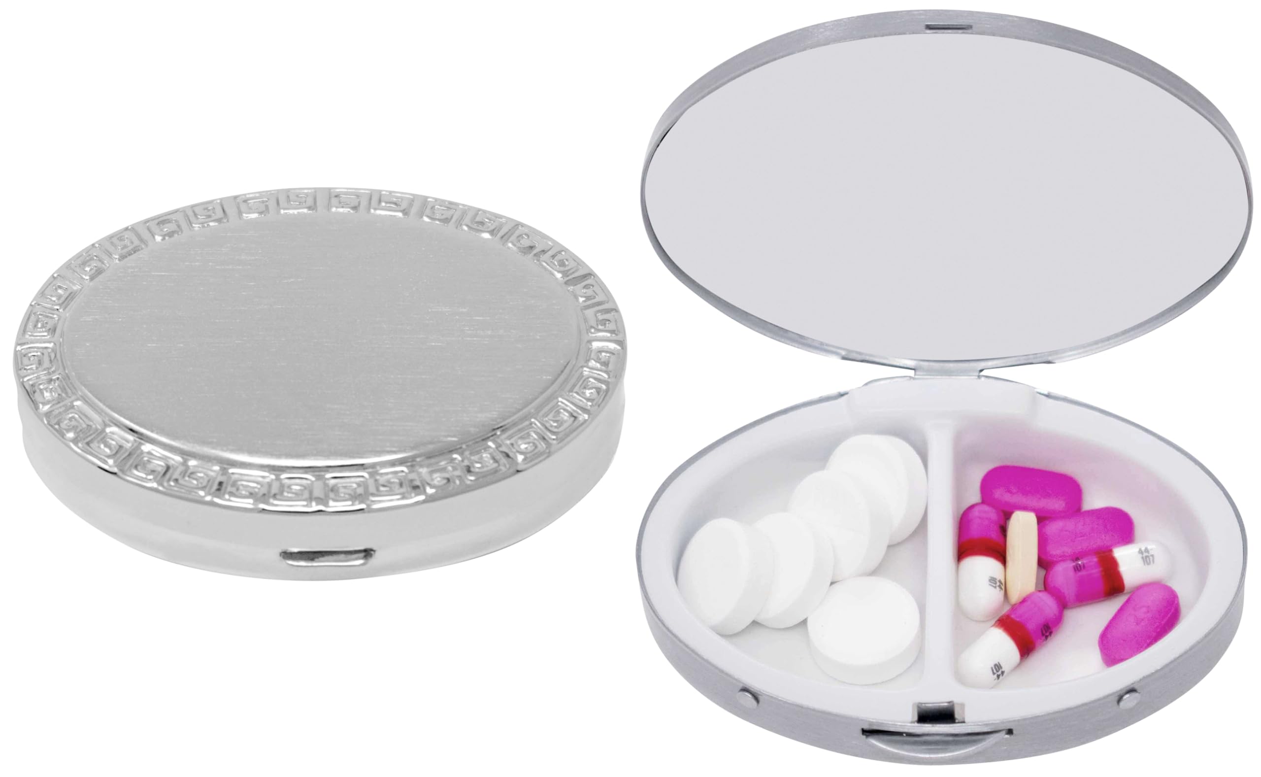 Stephanie Imports oval pill box front view, durable chrome-plated steel for daily medication.