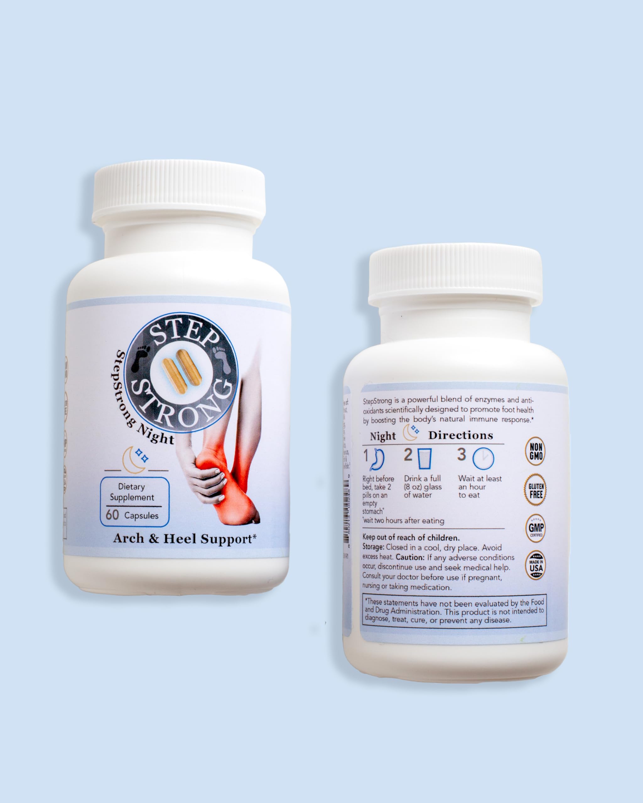 StepStrong Daily Defense bottle back label highlights enzyme blend for natural foot comfort.