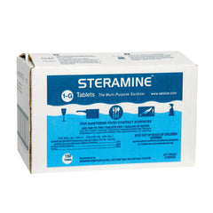 Steramine 1-G tablets in bottle; economical multi-surface sanitizer for food-contact areas.