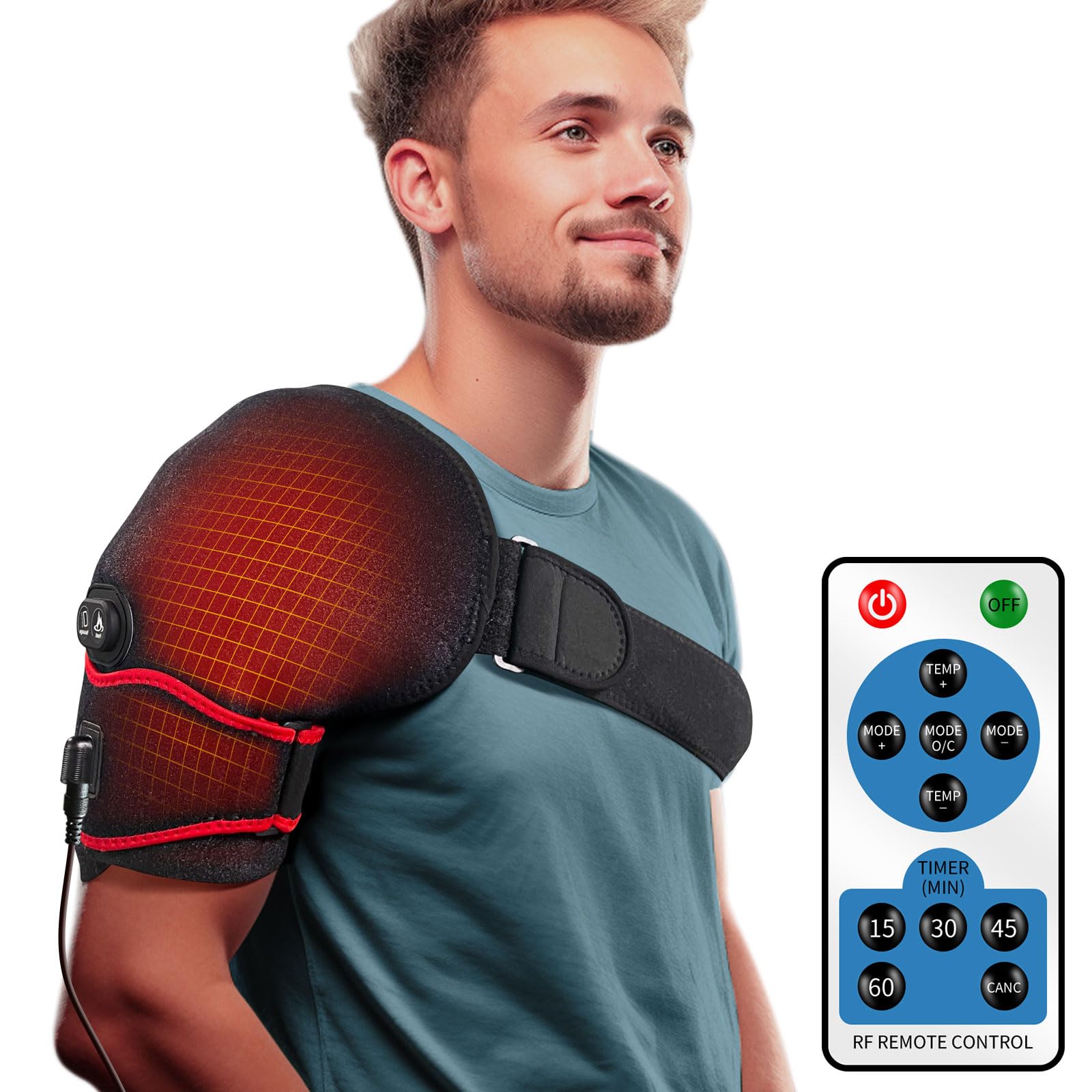Sticro Shoulder Heating Pad Massager worn from the front view delivering targeted warmth