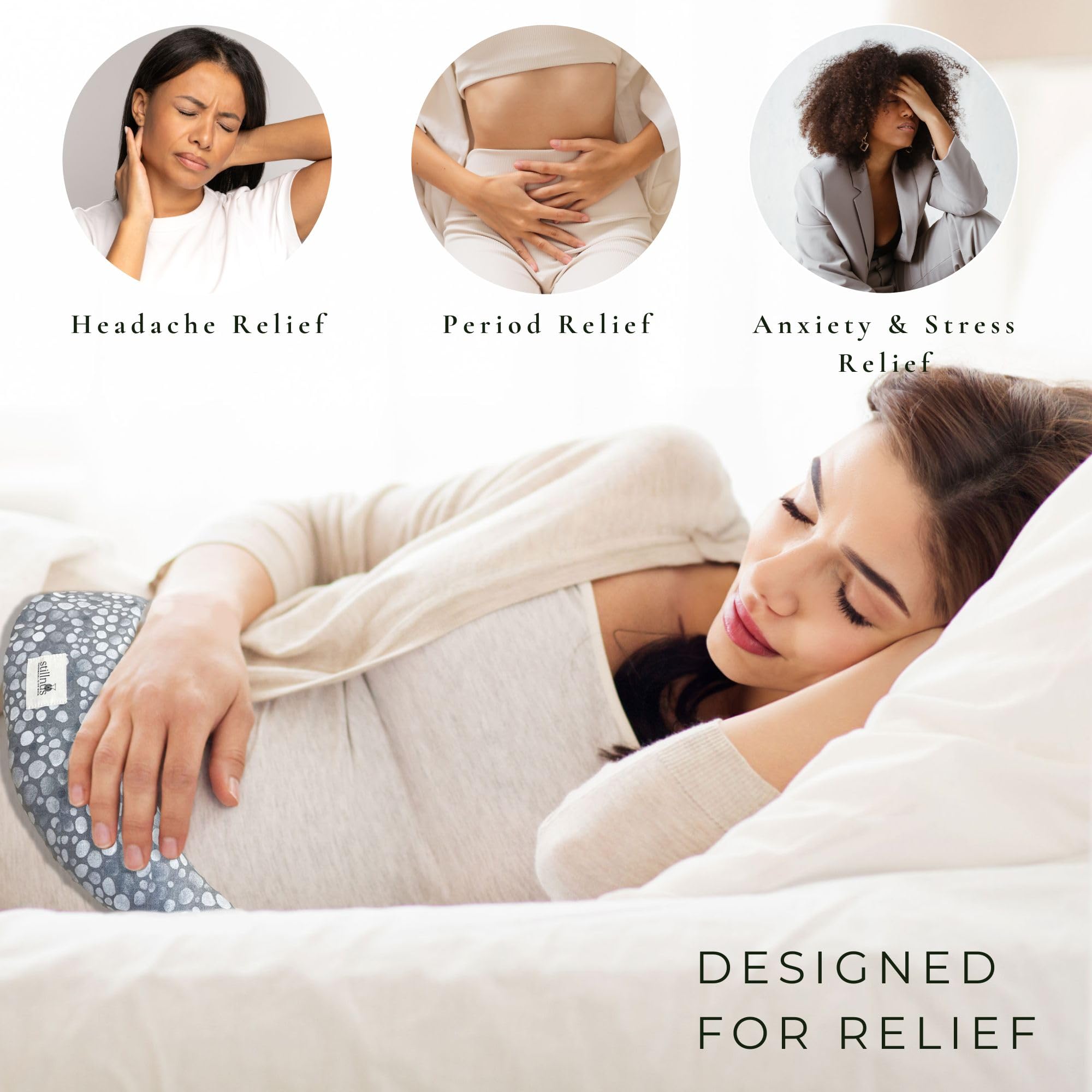 Stillnus Crescent Moon Pillow with a frozen option for cooling relief.