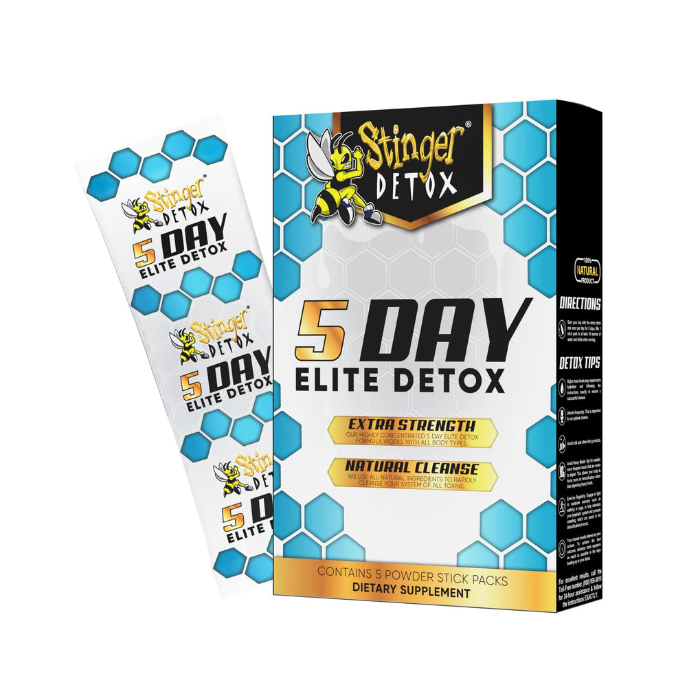 Stinger Detox 5-Day Elite Detox Pack showing easy-use sticks for quick cleanse.
