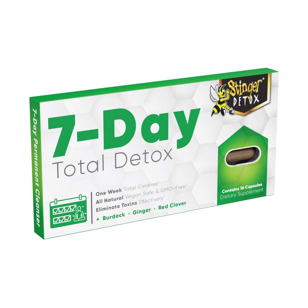 Stinger Detox bottle and label highlighting vegan, all-natural detox support