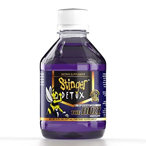 Stinger Detox Buzz grape bottle back panel highlighting ingredients for detox support.
