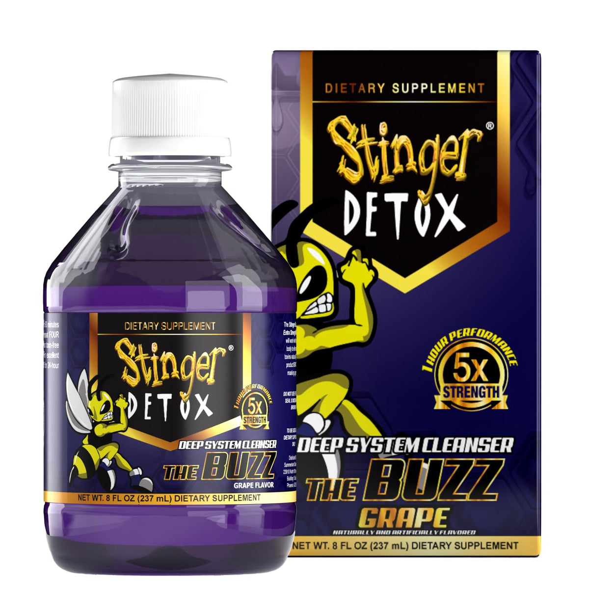 Stinger Detox Buzz grape bottle front view for a quick natural detox ritual.