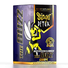 Stinger Detox Buzz grape bottle being poured for easy consumption.