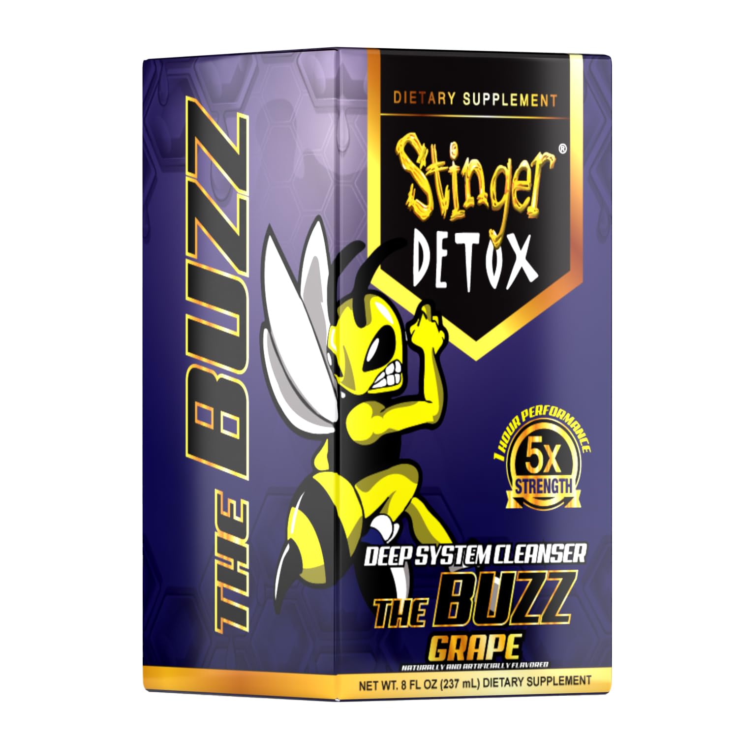 Stinger Detox Buzz grape bottle with Taurine and Niacin highlights.