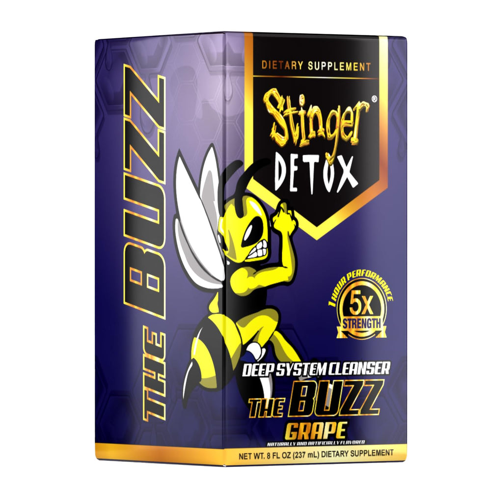 Stinger Detox Buzz grape bottle with Taurine and Niacin highlights.