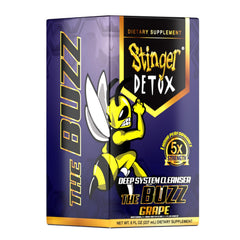 Stinger Detox Buzz grape bottle with Taurine and Niacin highlights.