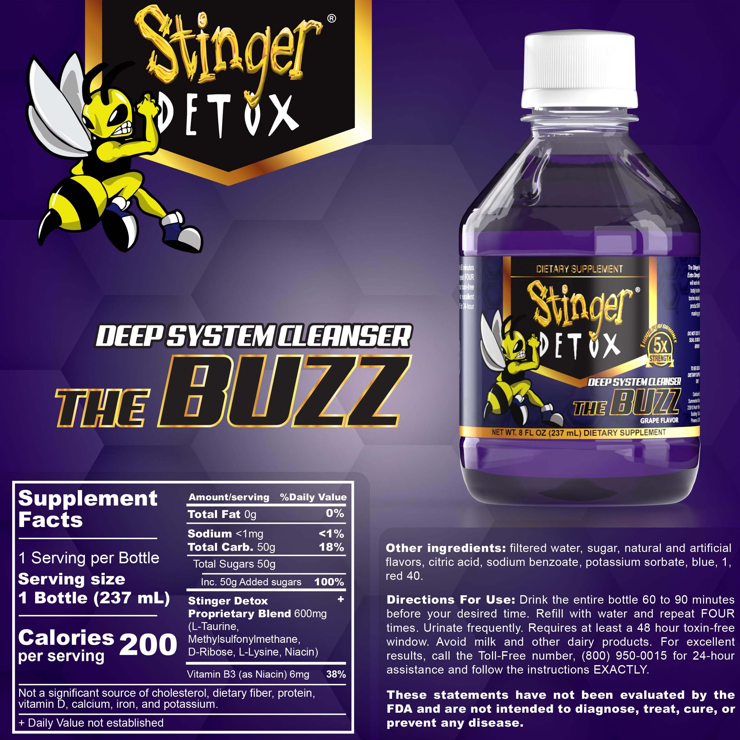 Stinger Detox Buzz grape bottle beside glass for refreshing detox experience.