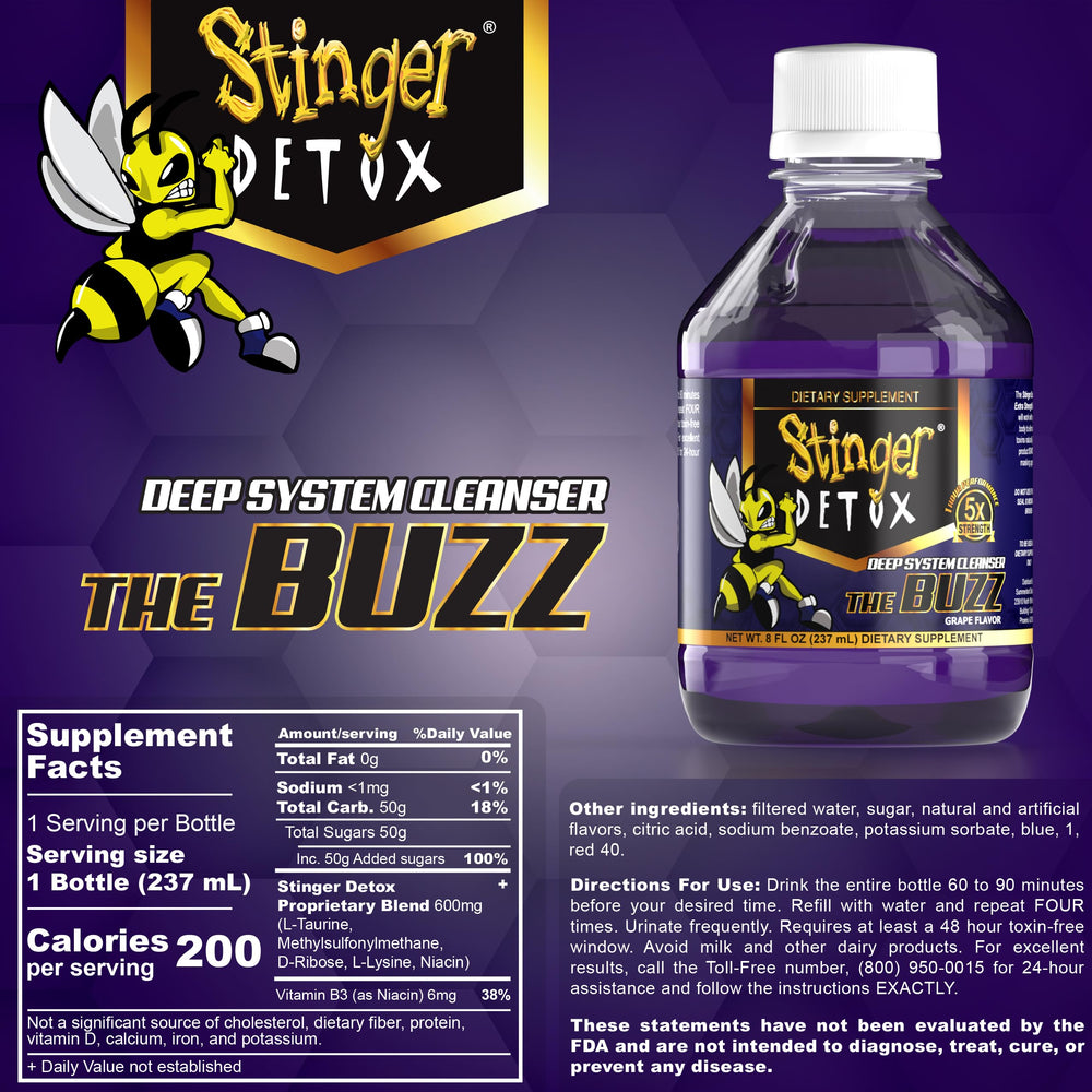 Stinger Detox Buzz grape bottle beside glass for refreshing detox experience.