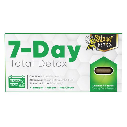 Stinger Detox capsules close-up highlighting burdock and ginger ingredients