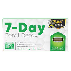 Stinger Detox capsules close-up highlighting burdock and ginger ingredients