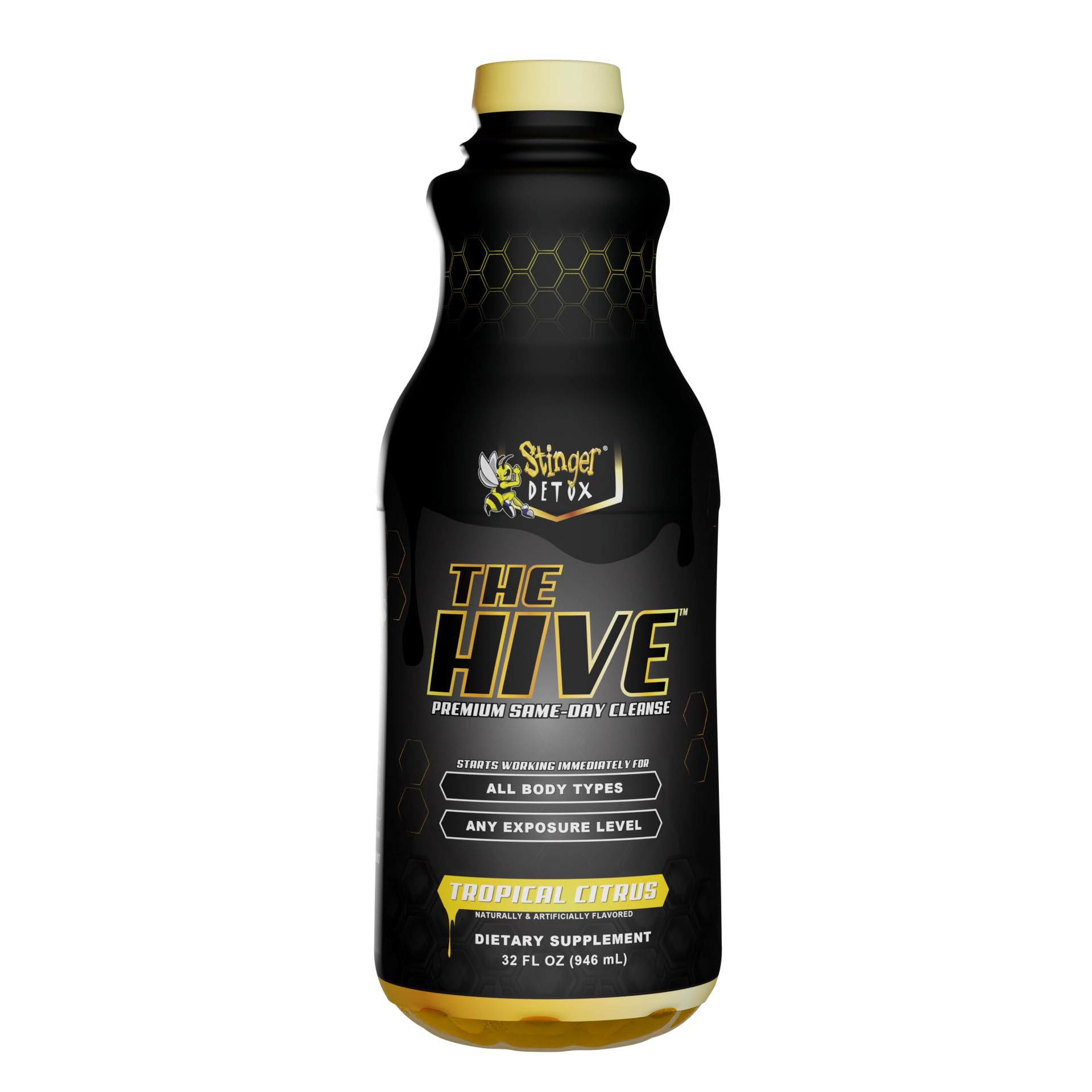 Stinger Detox Hive bottle sideview showcases compact, ready-to-use 32 oz bottle.