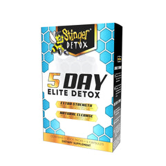 Stinger Detox organic vegetable blend label highlights plant-based ingredients for a natural cleanse.