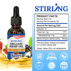 Stirling Hemp Oil bottle with glass poured for a premium wellness ritual.