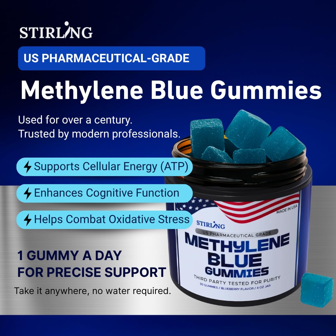 Stirling Methylene Blue Gummies ingredients visual with vitamin C and berries.