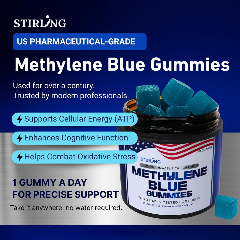 Stirling Methylene Blue Gummies ingredients visual with vitamin C and berries.