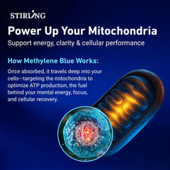 Stirling Methylene Blue Gummies label close-up highlights USP-grade formula.