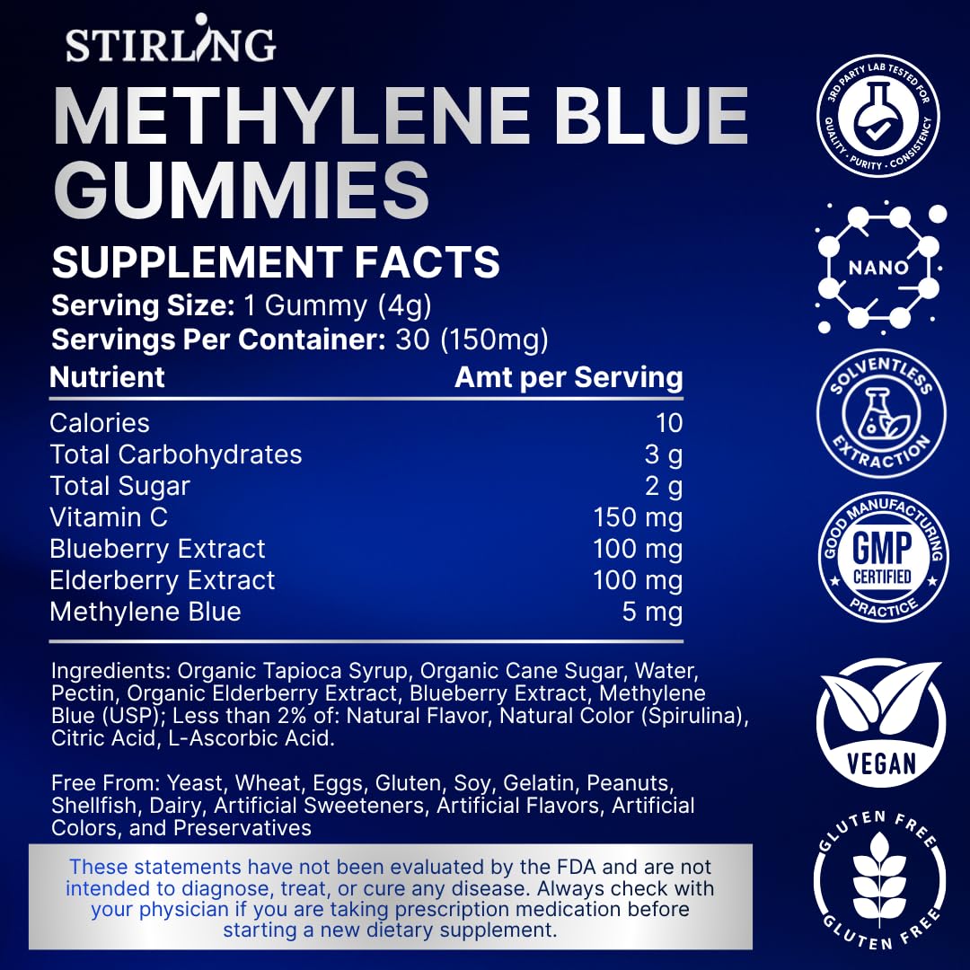 Stirling Methylene Blue Gummies on-the-go use for focus and energy.