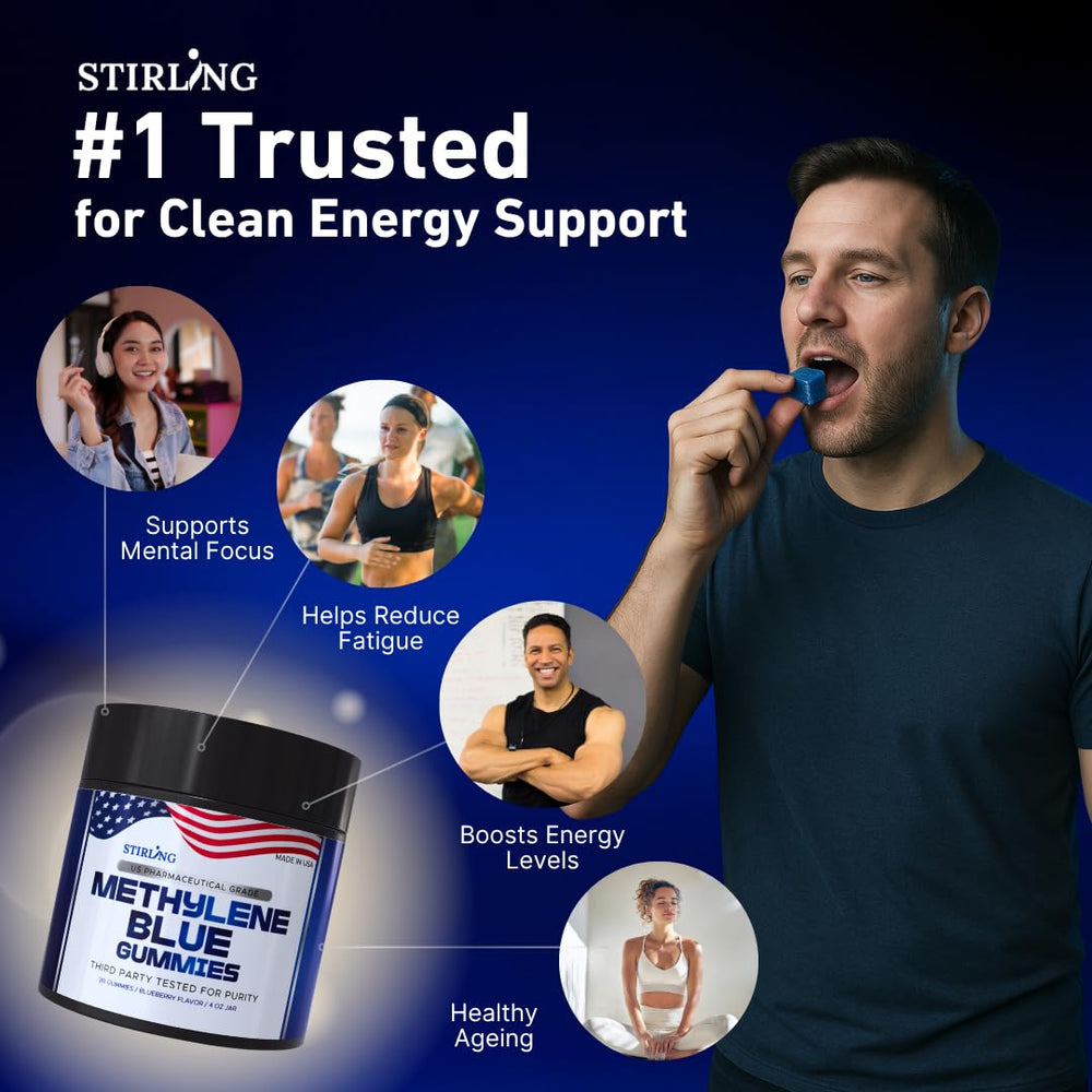Stirling Methylene Blue Gummies texture close-up shows chewy, sugar-free convenience.