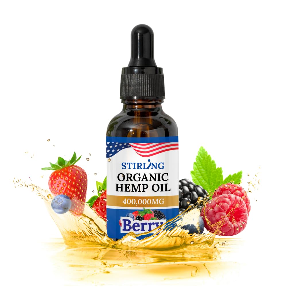 Stirling Organic Hemp Oil berry bottle for daily use and calm routines.