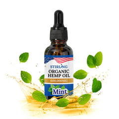 STIRLING Organic Hemp Oil bottle front with mint flavor for daily wellness.