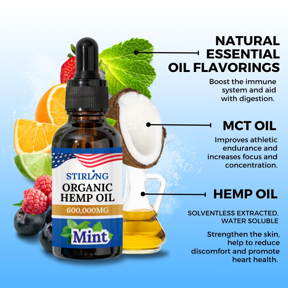 STIRLING Hemp Oil glass bottle on a neutral background for clean display.