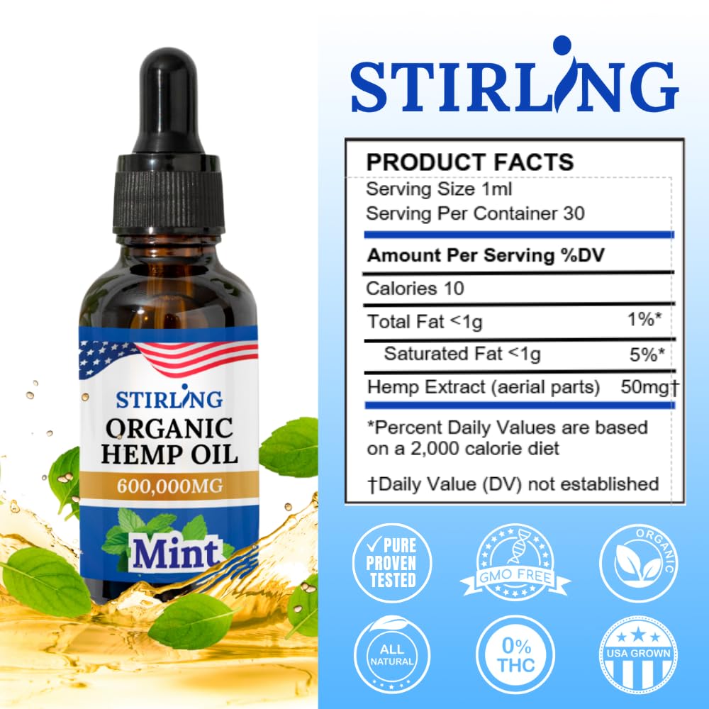 STIRLING Organic Hemp Oil vegan-friendly packaging emphasizing sustainable sourcing.