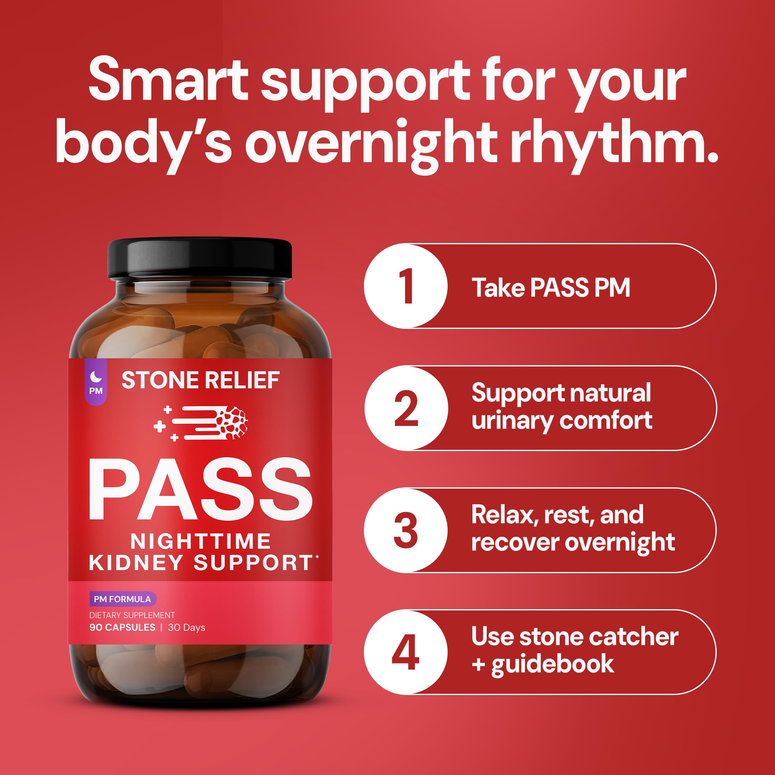 STONE RELIEF Chanca Piedra night setup on a bedside table with capsules and guidebook.