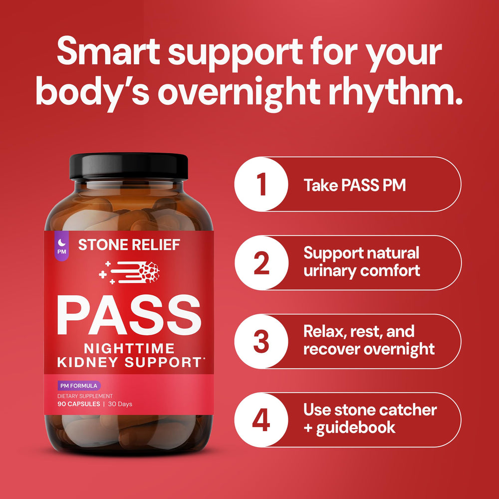 STONE RELIEF Chanca Piedra night setup on a bedside table with capsules and guidebook.