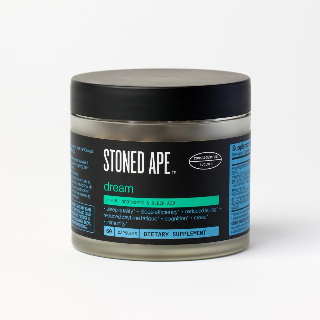Stoned Ape Dream bottle close-up showcases vegan sleep support for restful nights.