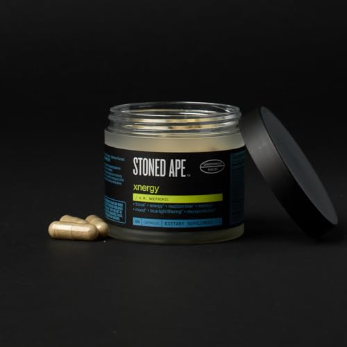 Stoned Ape Xnergy capsule close-up highlights vegan adaptogens supporting focus
