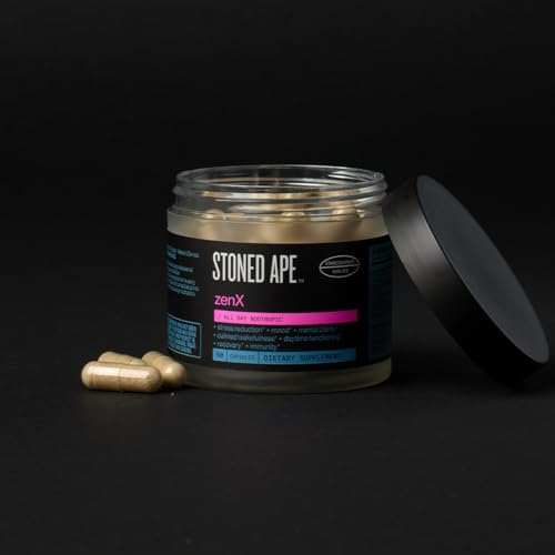 Stoned Ape ZenX capsules close-up highlighting adaptogens for calm energy.