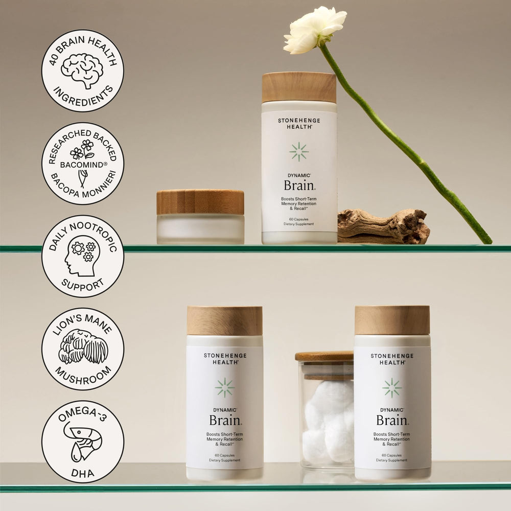 Stonehenge Health Dynamic Brain bottle pour illustrating convenient daily use.