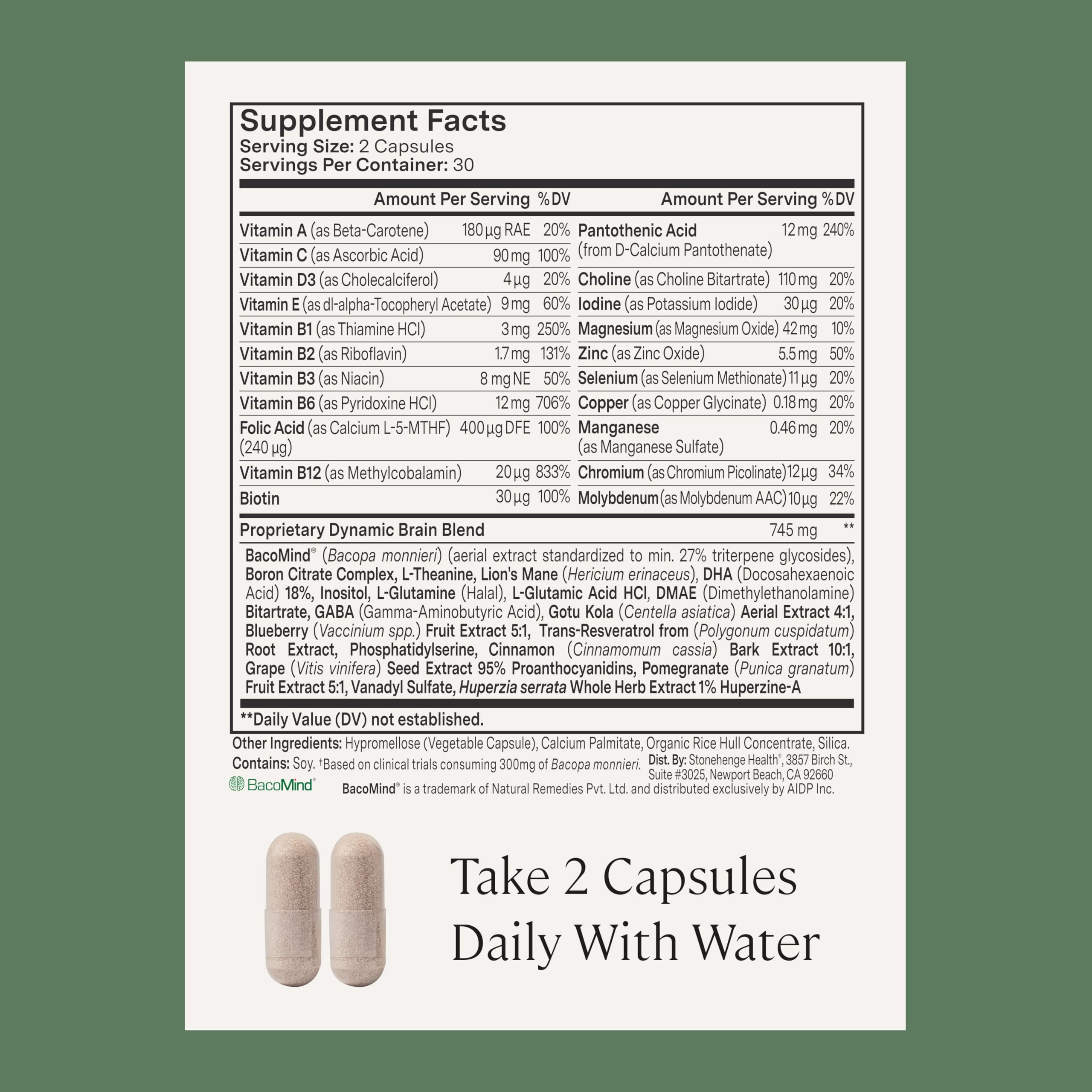 Stonehenge Health Dynamic Brain packaging on shelf highlighting non-GMO ingredients.