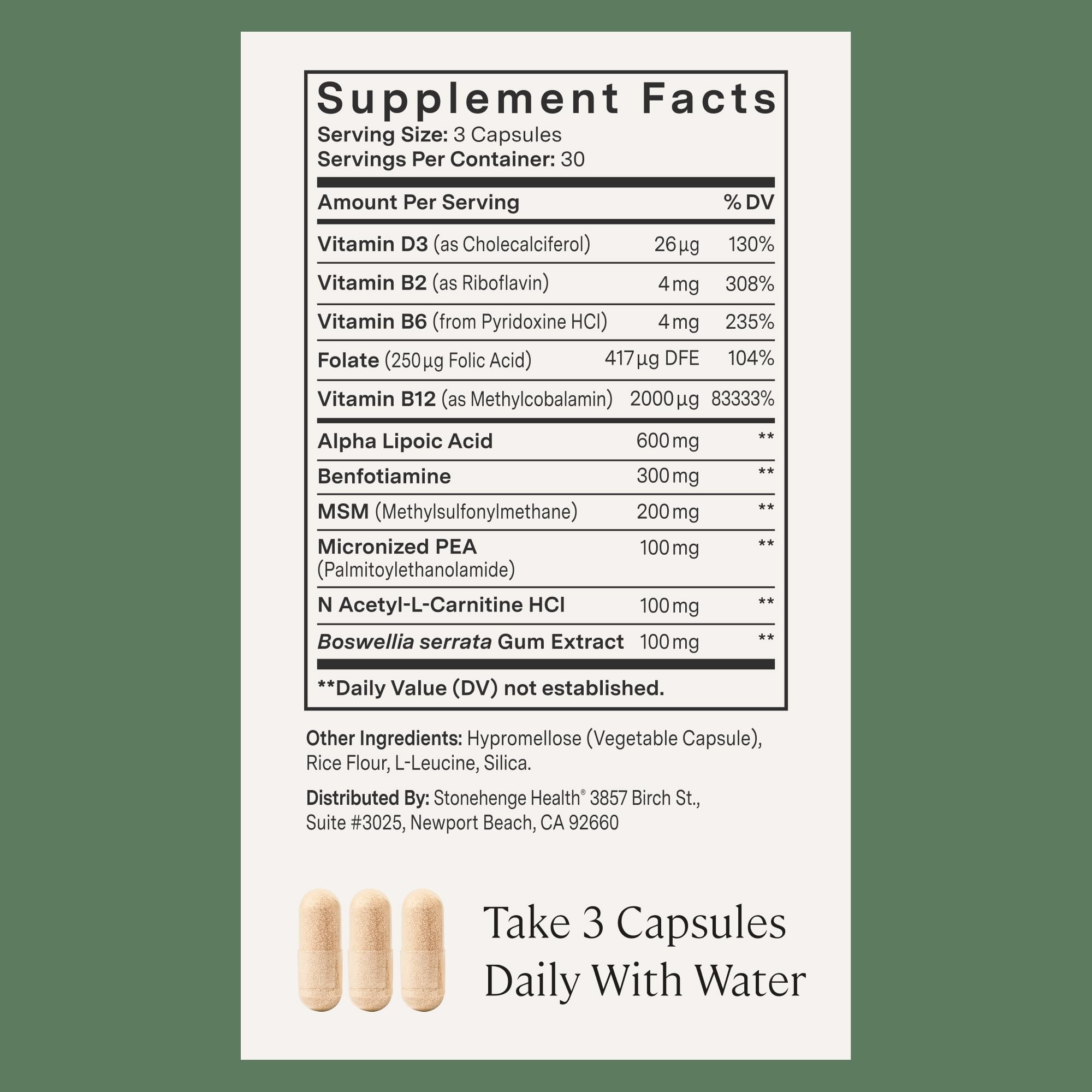 Stonehenge Dynamic Nerve ingredients graphic featuring ALA, PEA and B vitamins