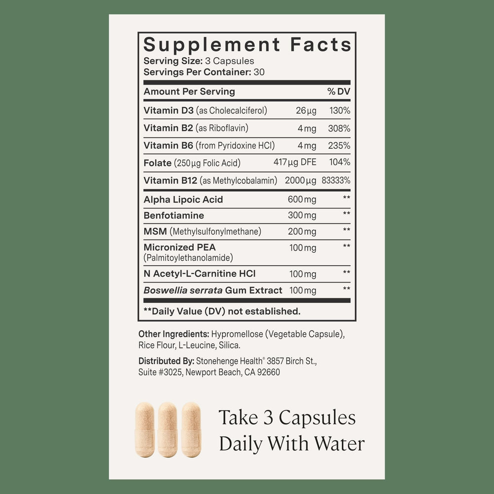 Stonehenge Dynamic Nerve ingredients graphic featuring ALA, PEA and B vitamins
