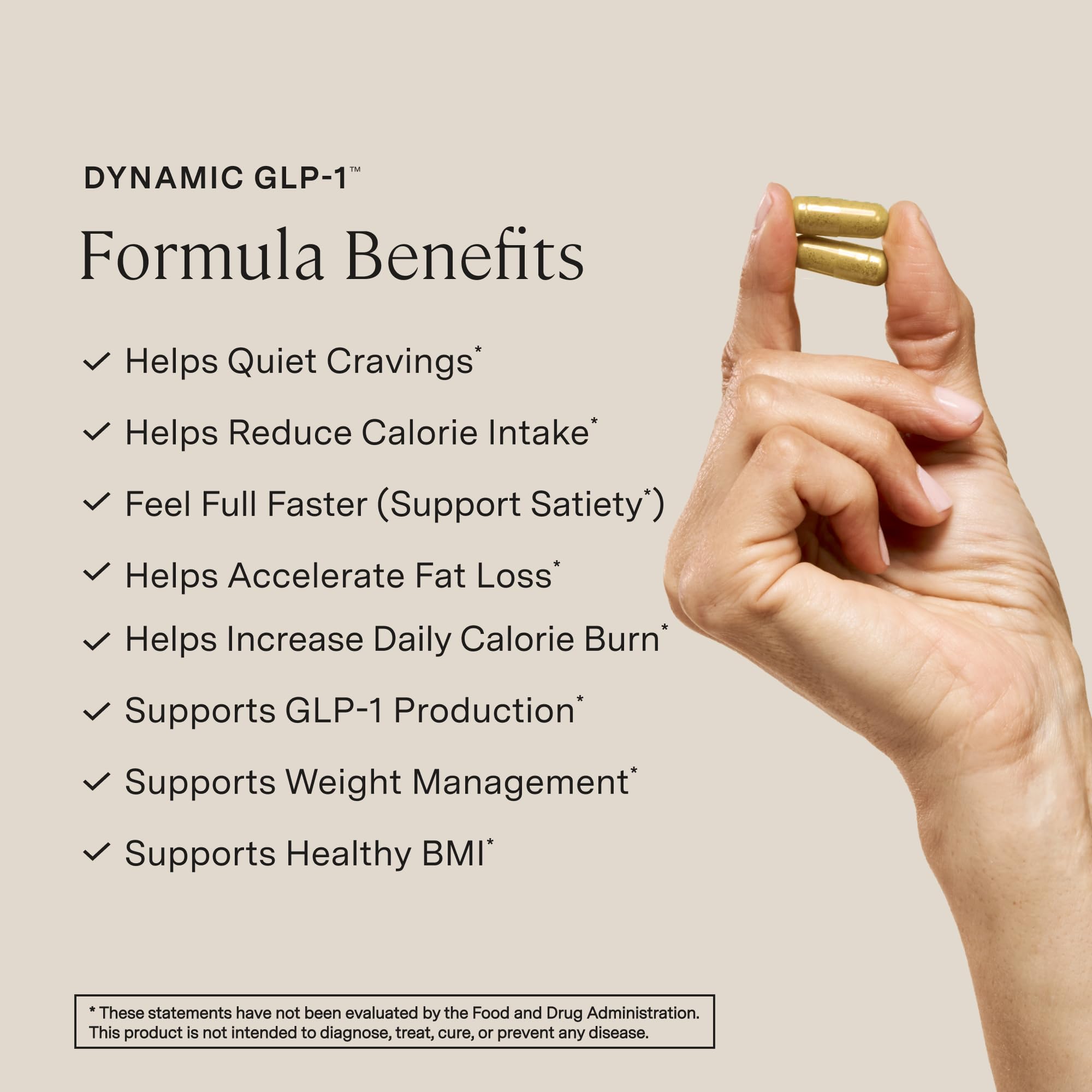 Stonehenge Health Dynamic GLP-1 bottle side shows two-capsule daily serving for metabolism.