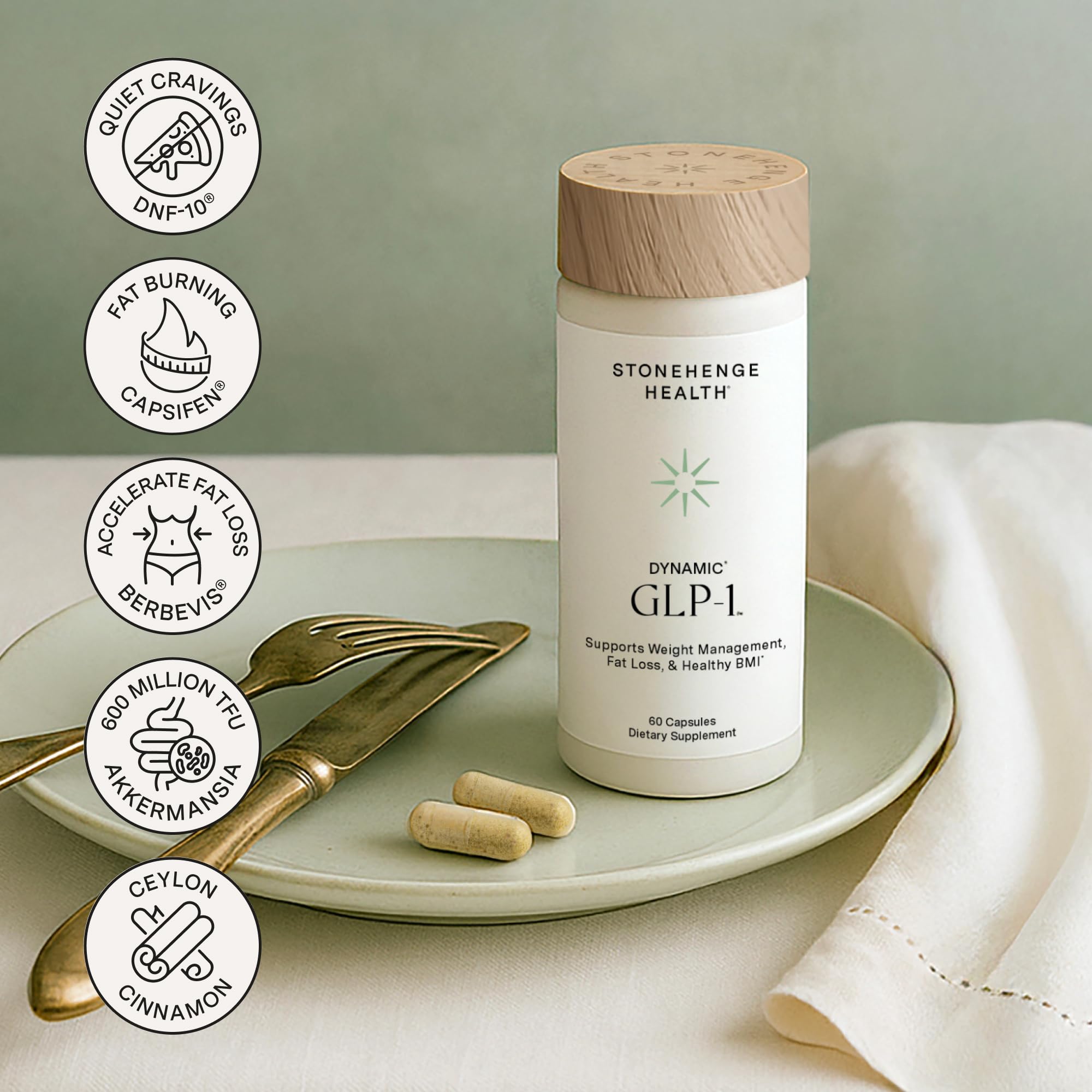 Stonehenge Health Dynamic GLP-1 ingredients-pack close-up features DNF-10 and Capsifen.