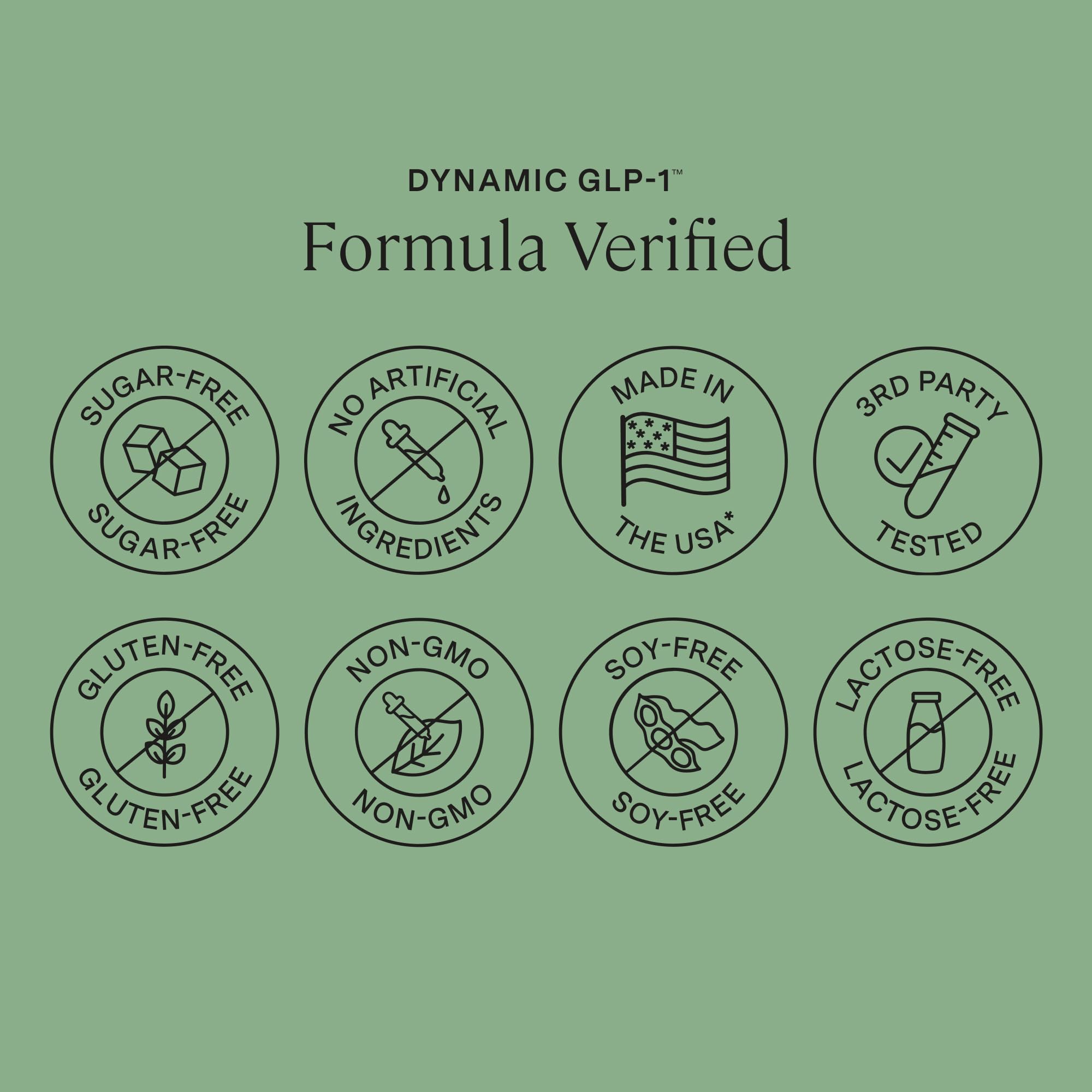 Stonehenge Health Dynamic GLP-1 vegan non-GMO seal signals clean choices.