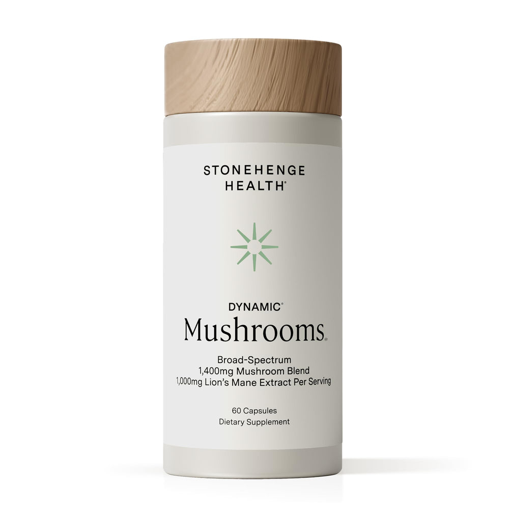 Stonehenge Health Dynamic Mushrooms bottle front view with capsules for daily use