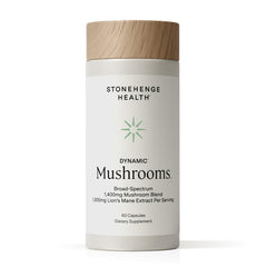 Stonehenge Health Dynamic Mushrooms bottle front view with capsules for daily use