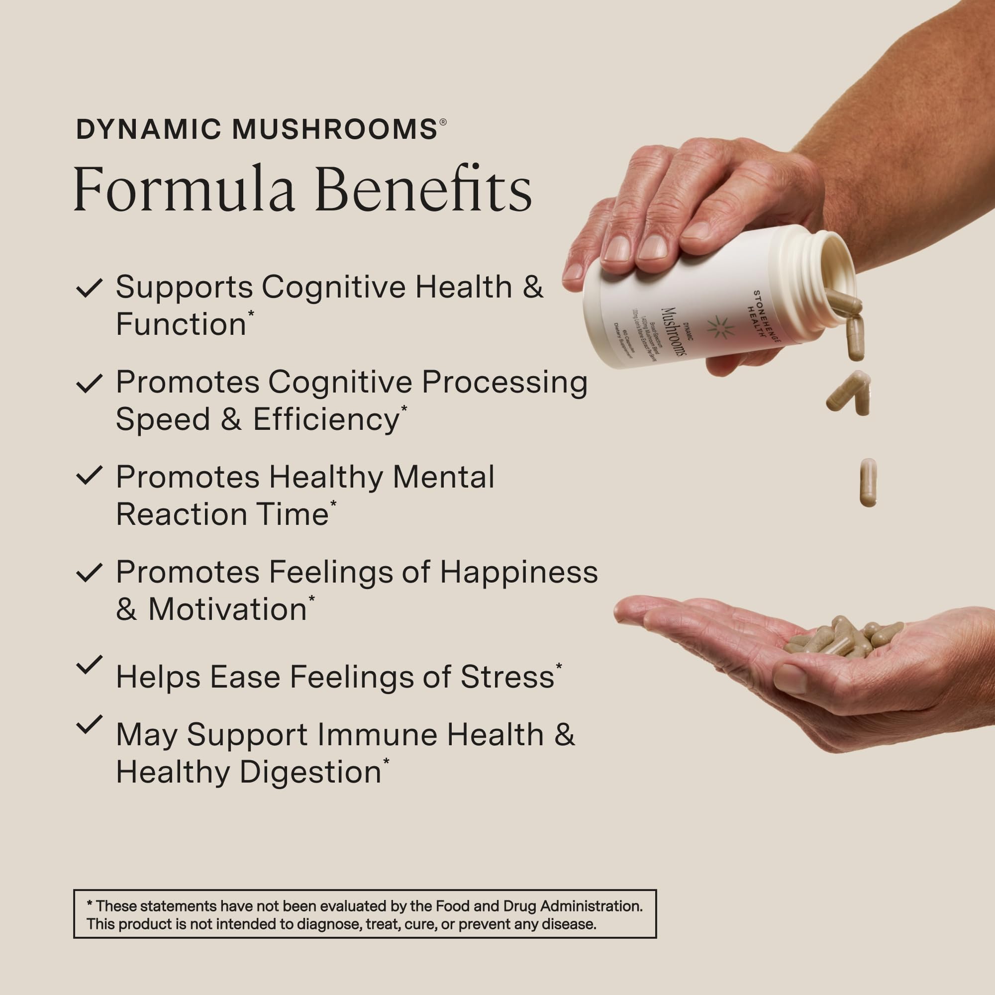 Stonehenge Health Dynamic Mushrooms capsules close-up highlighting concentrated extracts for focus